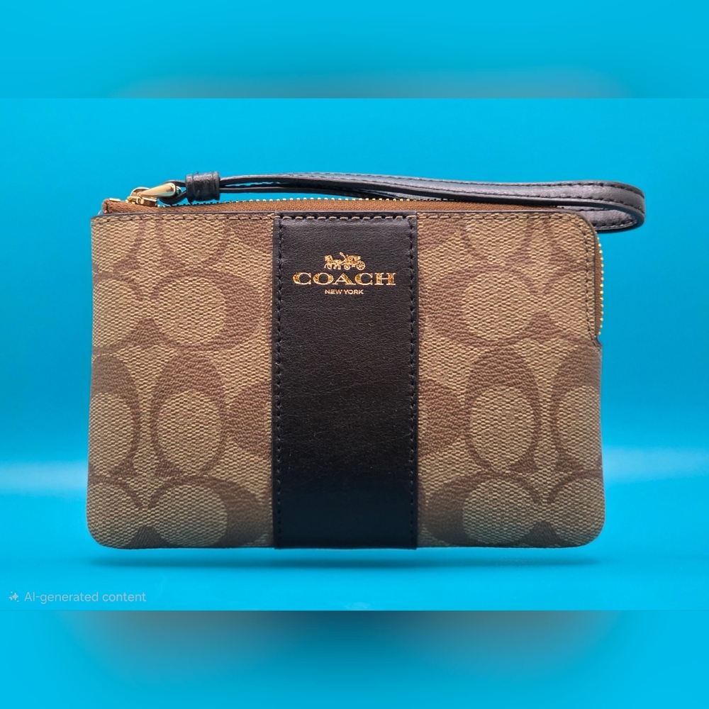 Coach Brown Signature Wristlet with Black Leather Trim